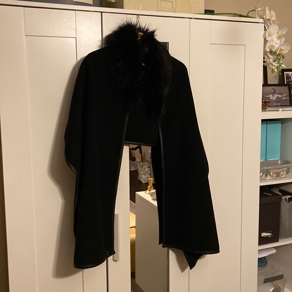 Unique Wool Shawl with leather trim.